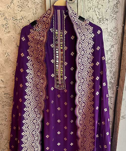 Pure banarsi Georgette Shirt with overall zari booties with very beautiful Mirror work neckline